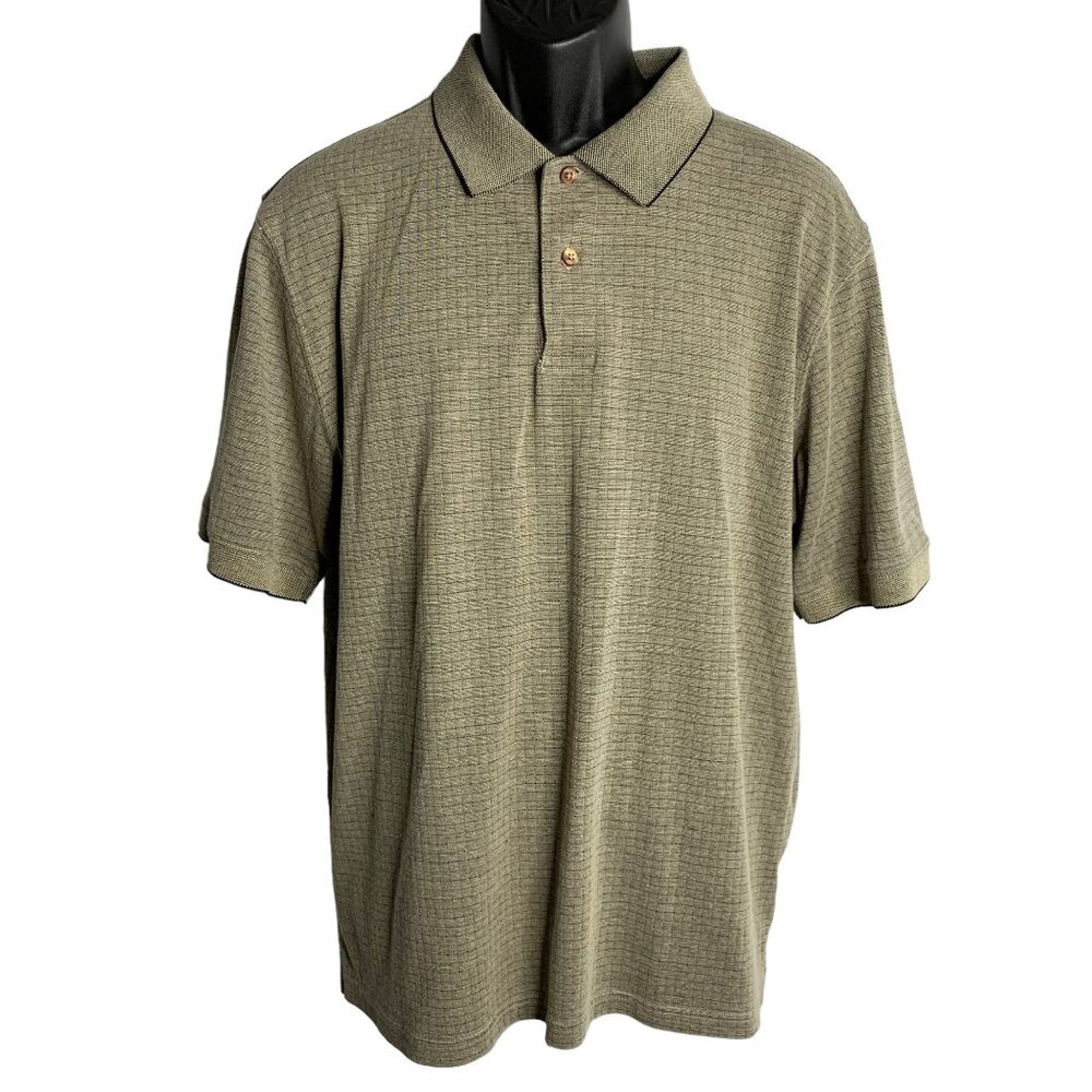 David Taylor Short Sleeve Polo Shirt L Black Tan Check Two Button Collar Golf